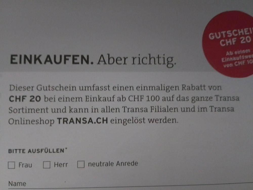 Transa Gutschein CHF 20.- ab 100.- Einkaufswert bis 31.3.26! (Neu und ...