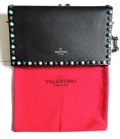 Valentino Rockstud Clutch Black Leather Turquoise Stars 40-6