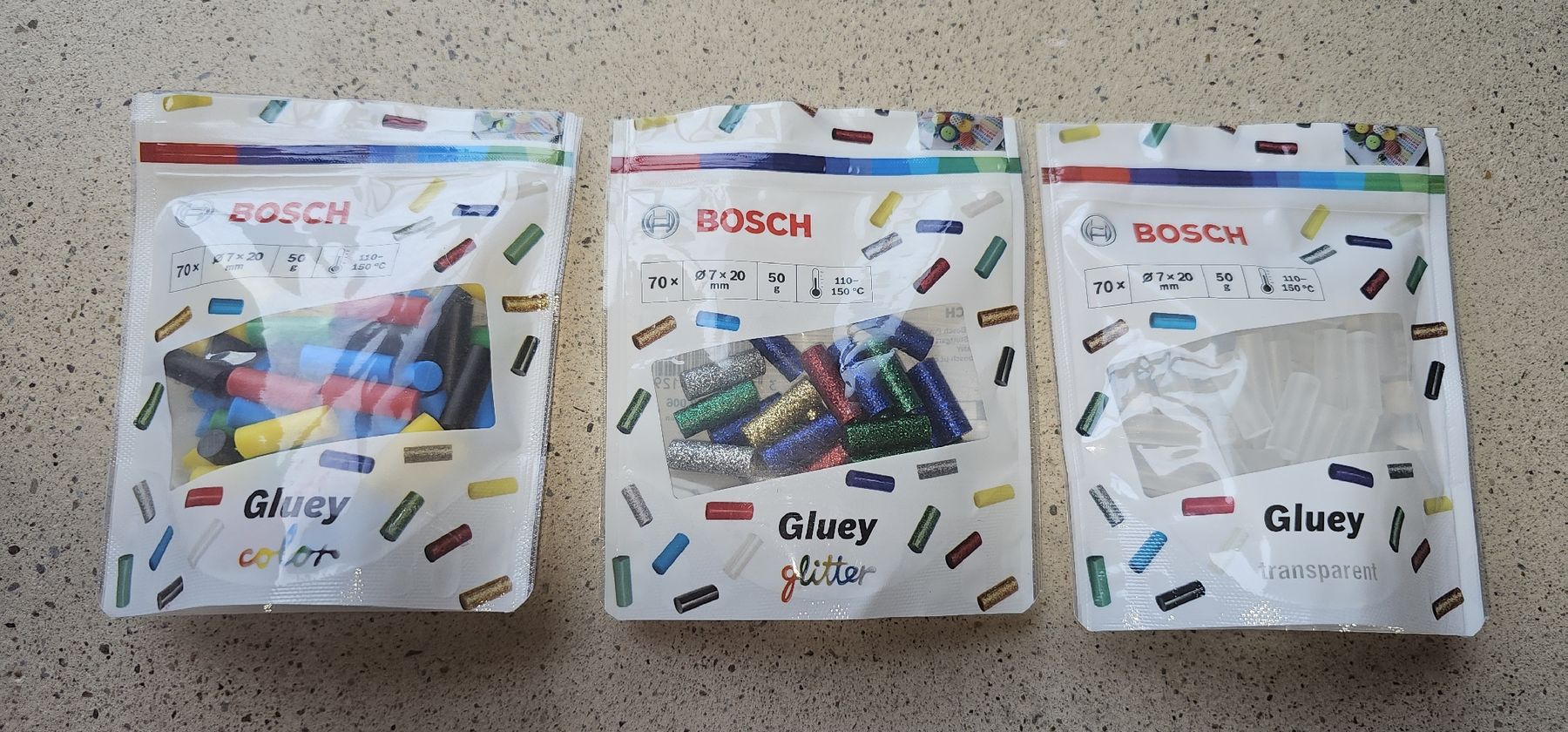 Bastelsets: Bosch Gluey Klebesticks Glitter, transparent, bunt 3 Pack. – Gebraucht aus Horgen von ste_sy7h