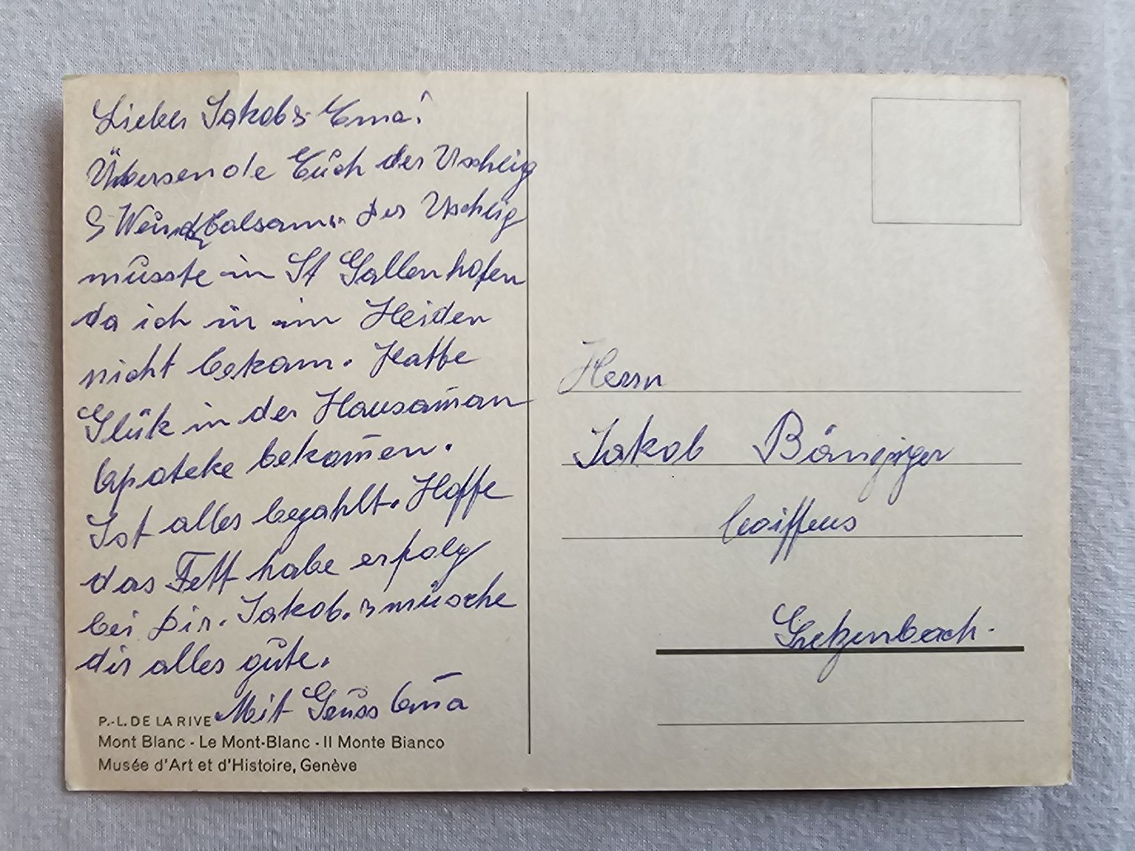 Cartoline postali: Alte Ansichtskarte Mont Blanc P.L. de la Rive – Usato da Bütschwil venduto da Taranabo 1