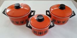 3 schöne orange Emaille Kochtöpfe 70er Jahre Vintage