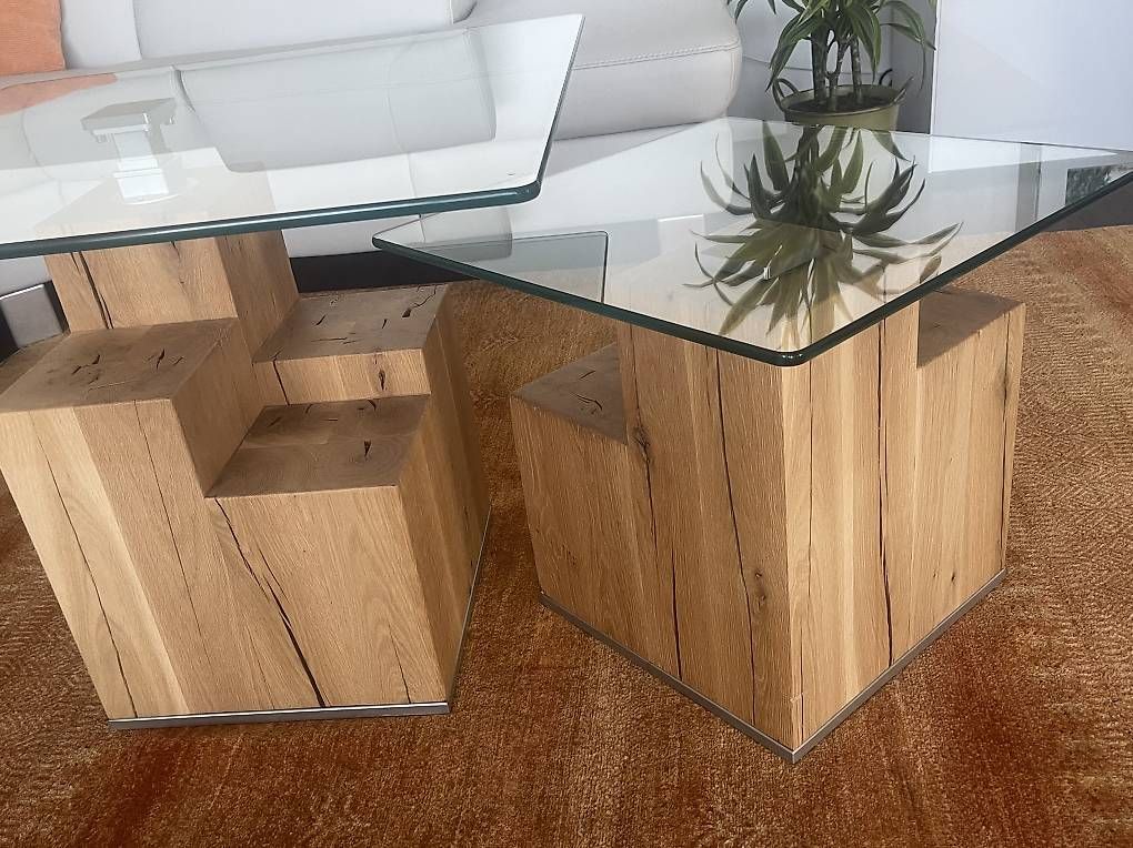Tables: 2er Set Couchtisch Sofatisch Unikat Echtholz Eiche Glas – D'occasion à Reinach BL par present4you