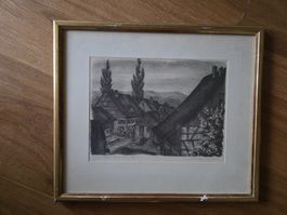 Original Lithographie Auf dem Rain in Goldrahmen