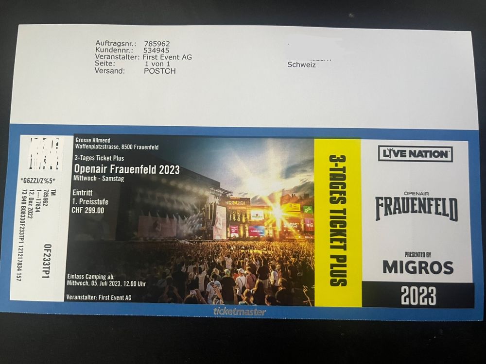 Openair Frauenfeld 2023 3Tages Ticket Plus 1. Preisstufe Kaufen auf