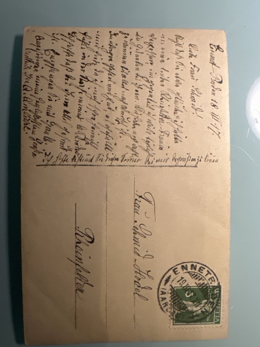 Cartoline postali: Baden Badstrasse Bahnhof 1917 – Usato da Wettingen venduto da OttoNeuerName 1
