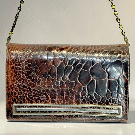 Sac à main pochette vintage en croco véritable, chaîne dorée