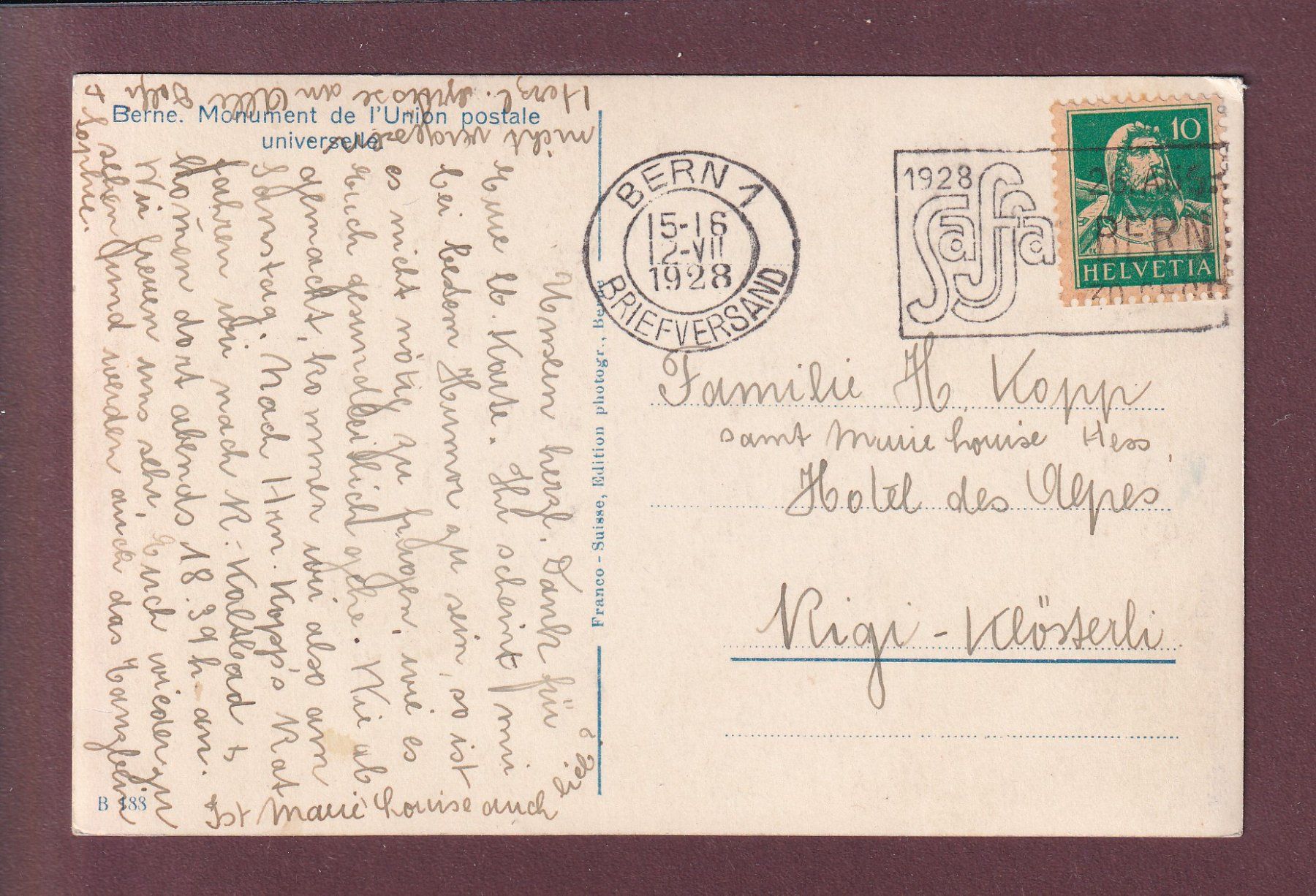 Cartes postales: BERN - Weltpostdenkmal - 1928 – D'occasion à Pully par nicecards 1