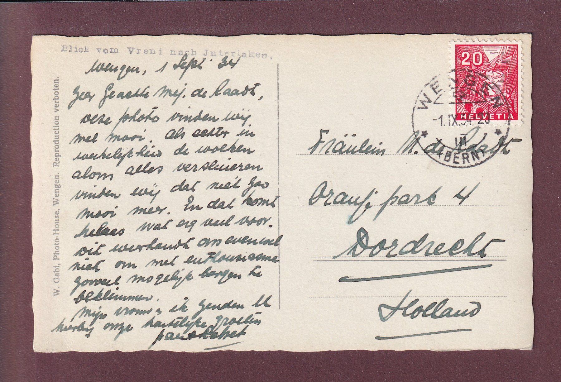 Cartoline postali: Blick vom VRENI nach Interlaken - 1934 – Usato da Pully venduto da nicecards 1