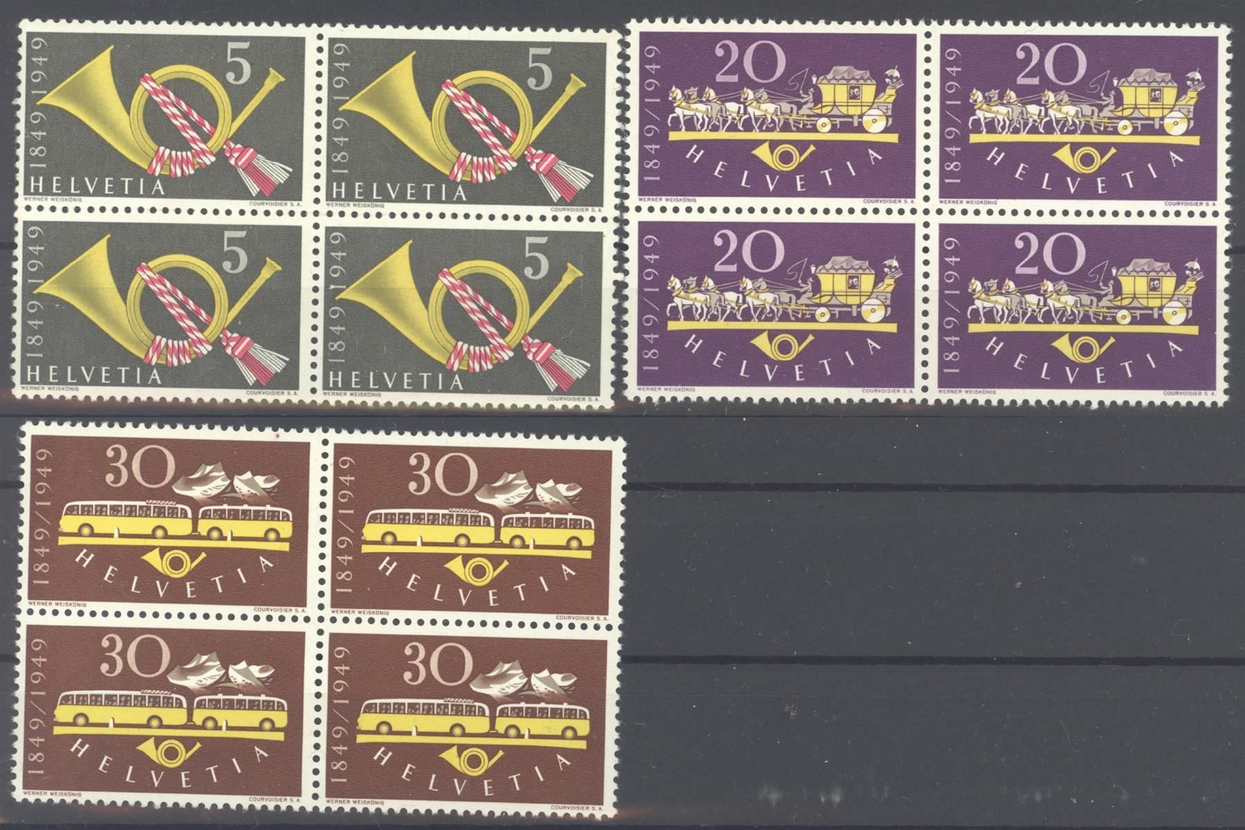 Francobolli di propaganda: 1949, 100 Jahre Post, Viererblöcke ** – Usato da Willisau venduto da Vollstempel