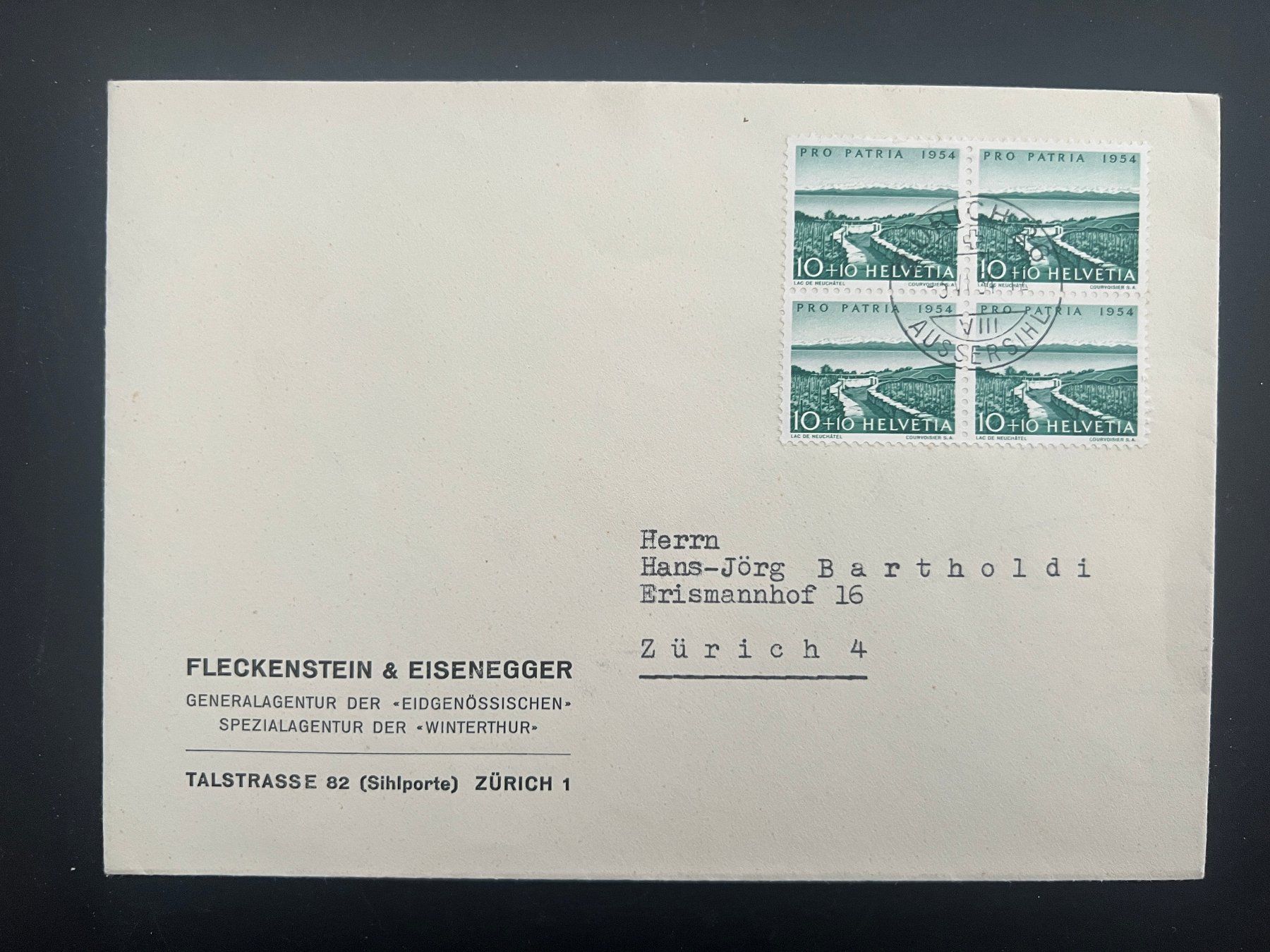 Alle Briefmarken: 1954 Geschäftsbrief Fleckenstein Zürich    (G696) – Gebraucht aus Hinwil von Sidi4