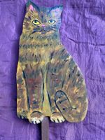 Katze Holz mit Stab bemalt Dekoration Deko Blumentopf