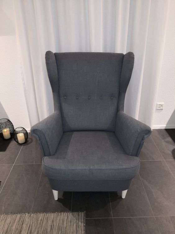 Ikea STRANDMON Ohrensessel, Nordvalla dunkelgrau mit Hocker Kaufen