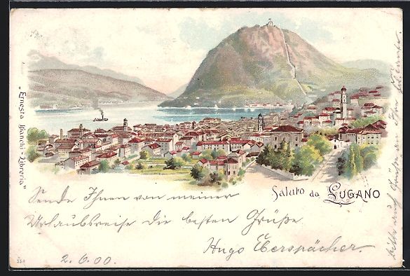 Cartoline postali: Lithographie Lugano, Gesamtansicht, 1900 – Usato da Berlin venduto da bartko-reher