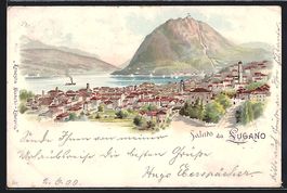Lithographie Lugano, Gesamtansicht, 1900