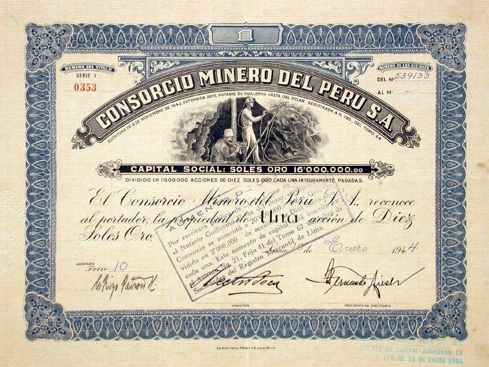 Dokumente: Consorcio Minero del Peru SA, Lima - 1944 – Gebraucht aus Solothurn von Sgasche