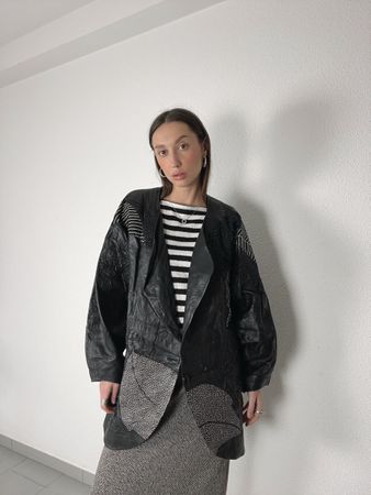 Vintage Leather Jacket Gr. 38 Black White Studs Details