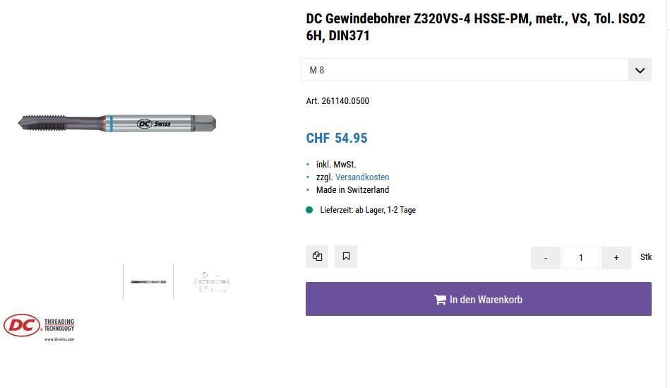 Tutti gli attrezzi: DC Gewindebohrer M8, Z320VS-4 HSSE-PM S – Nuovo (secondo la descrizione) da Laufenburg venduto da Sirluger 1