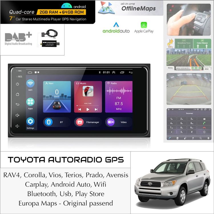 Toyota Fortuner Prado Avensis Autoradio DAB Carplay 64GB GPS