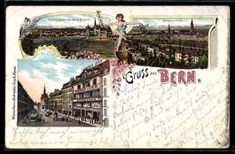Litho Bern, Warenhaus Loeb mit Brunnen u