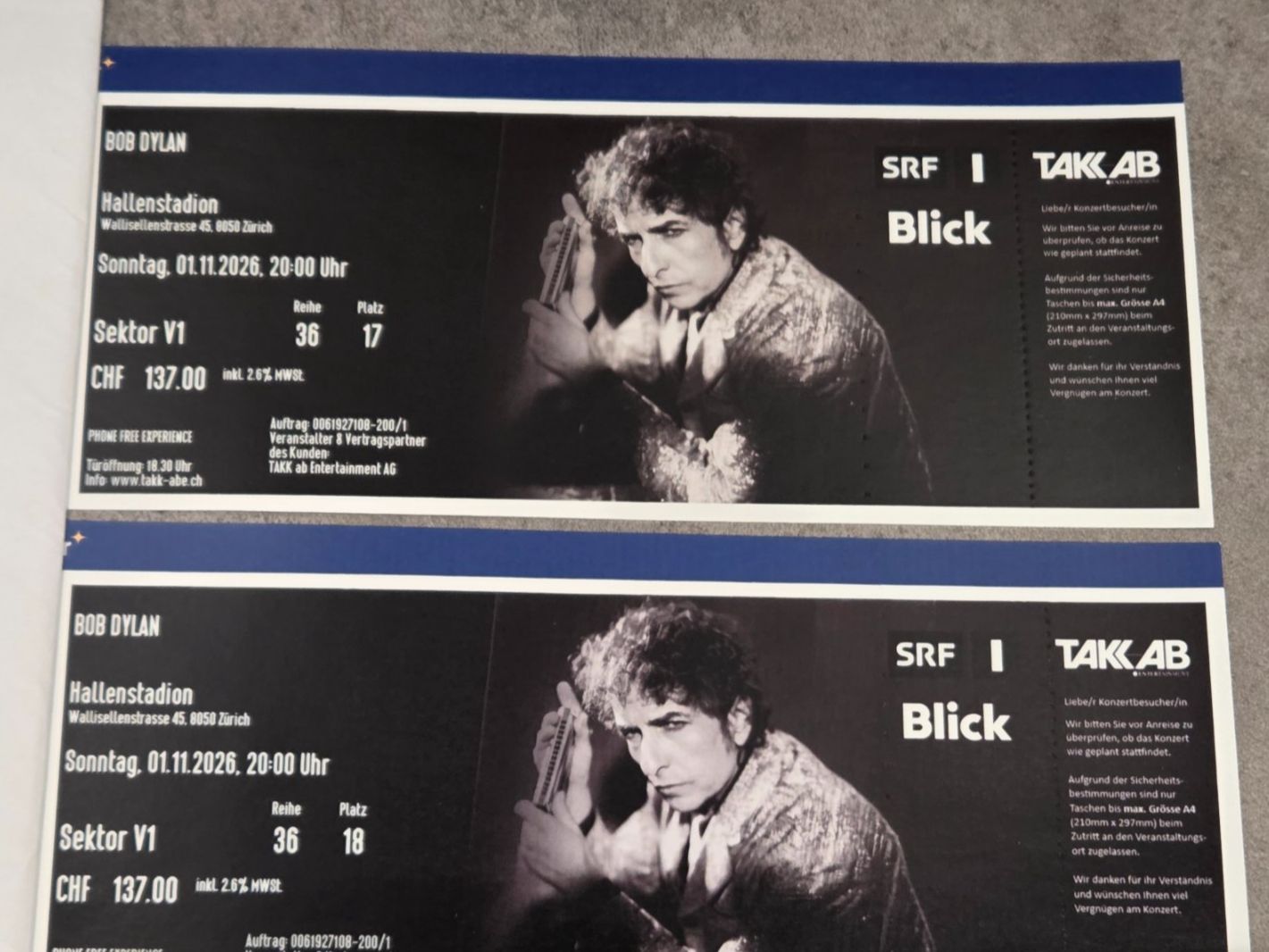 Biglietti: Bob Dylan Top 2 Top Sitzplätze V1 R36 Platz 17+18 – Nuovo e nell'imballaggio originale da Stetten SH venduto da ExtremMIB