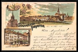 Lithographie Payerne, Bazar Jaques Perrin, Pharmacie, Eglise