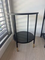 Table d'appoint ronde noire et verre 2 étagères 45cm H