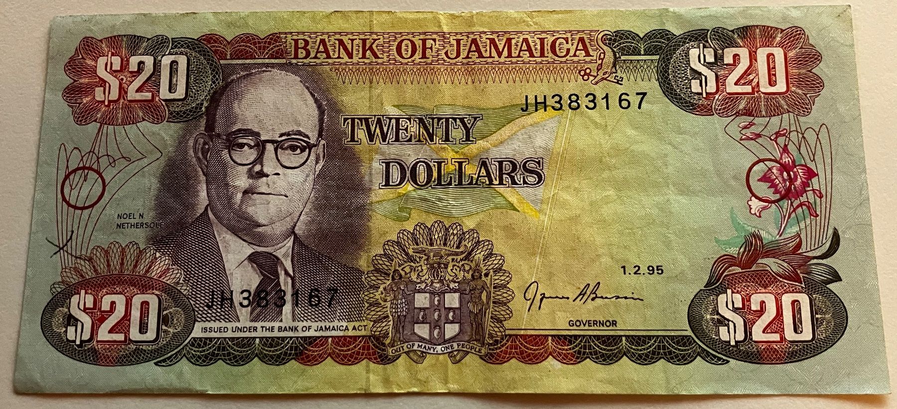 Banknoten: Jamaika 20 Dollars 1995 – Gebraucht aus Algetshausen von Carrhard