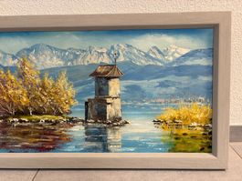 107.5 cm breitx 42.5 cm hoch Ölgemälde See Berge idyllisch