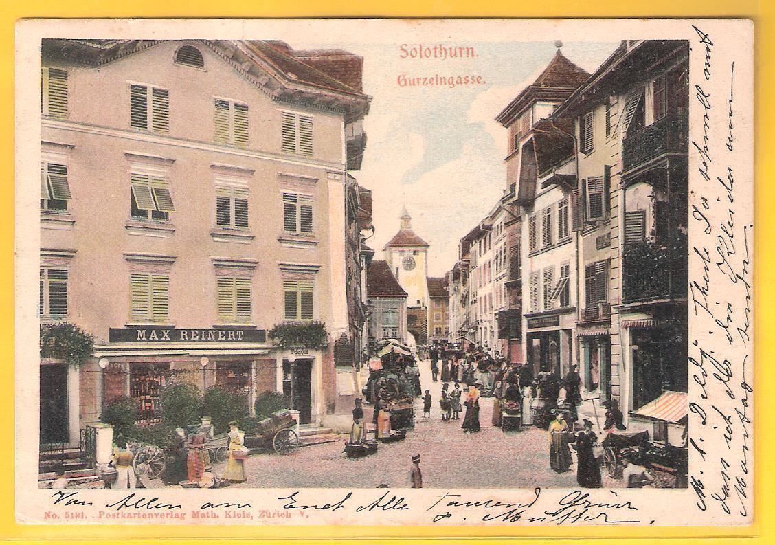 Cartoline postali: 23.2.1907 Farblitho Solothurn/sehr belebte  Gurzelgasse – Usato da Zürich venduto da Hagliweg 1