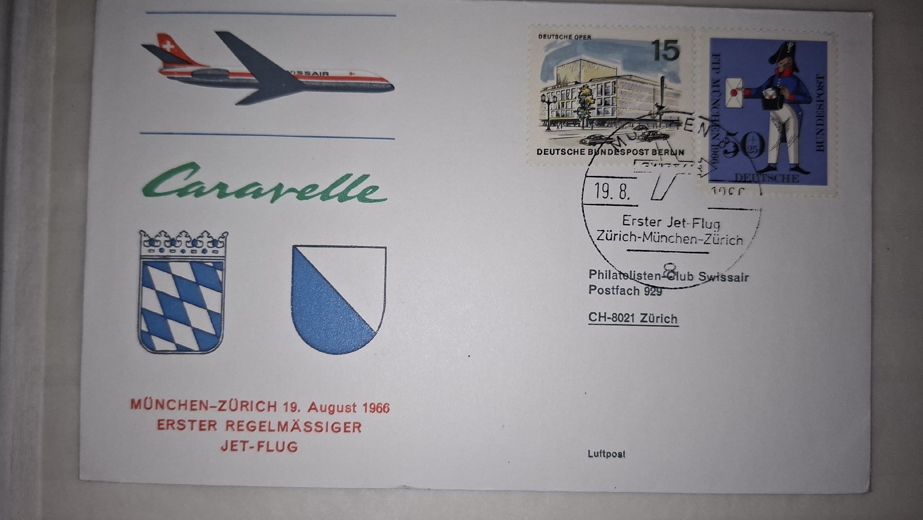 Tutti i francobolli: Caravelle münchen - Zürich 19.08.1966 – Usato da Balgach venduto da SIMEON27