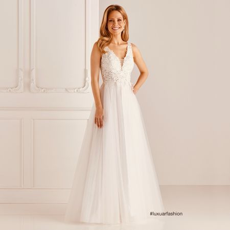 Brautkleid Spitzen-Oberteil V-Ausschnitt Tüllrock 46-48