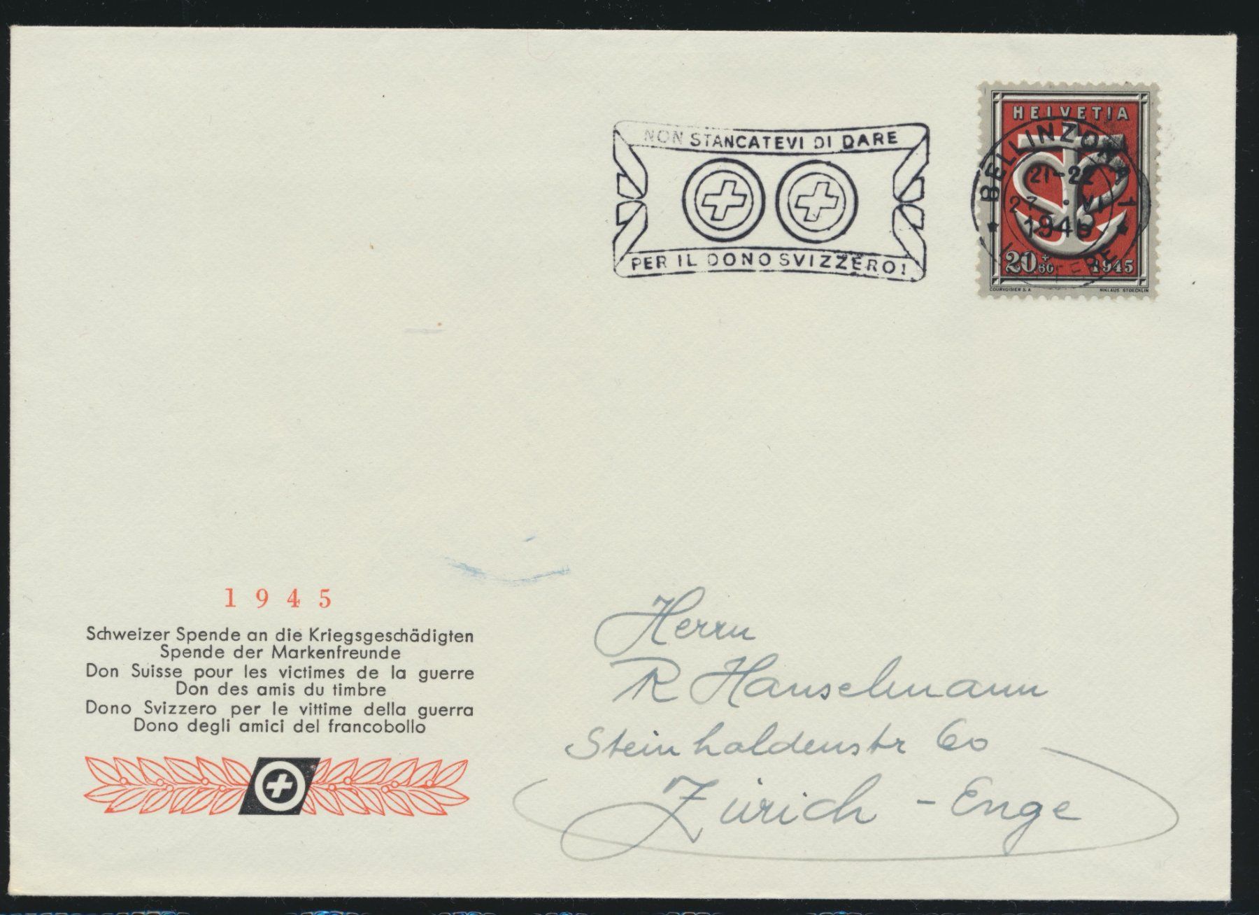 Tutti i francobolli: Kriegsgeschädigten-Spende 1945 mit Flaggenstempel – Usato da Roggwil BE venduto da Stampdealer3