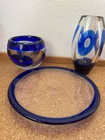 SET: Vase, Obstschale, Teller - blau Glas