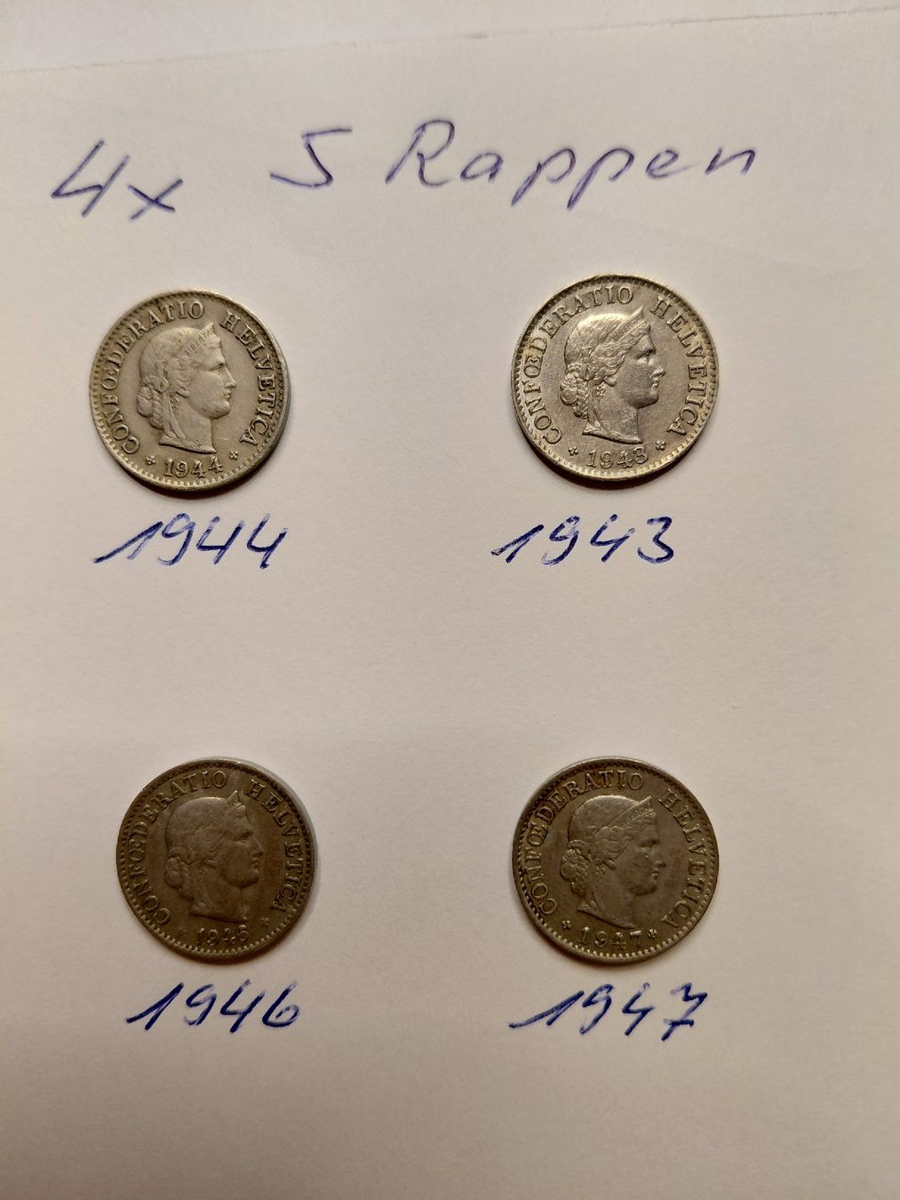 Tutti le monete: 4x 5 Rappen 1944, 43, 46 und 1947 – Usato da Bonaduz venduto da topolino052 1