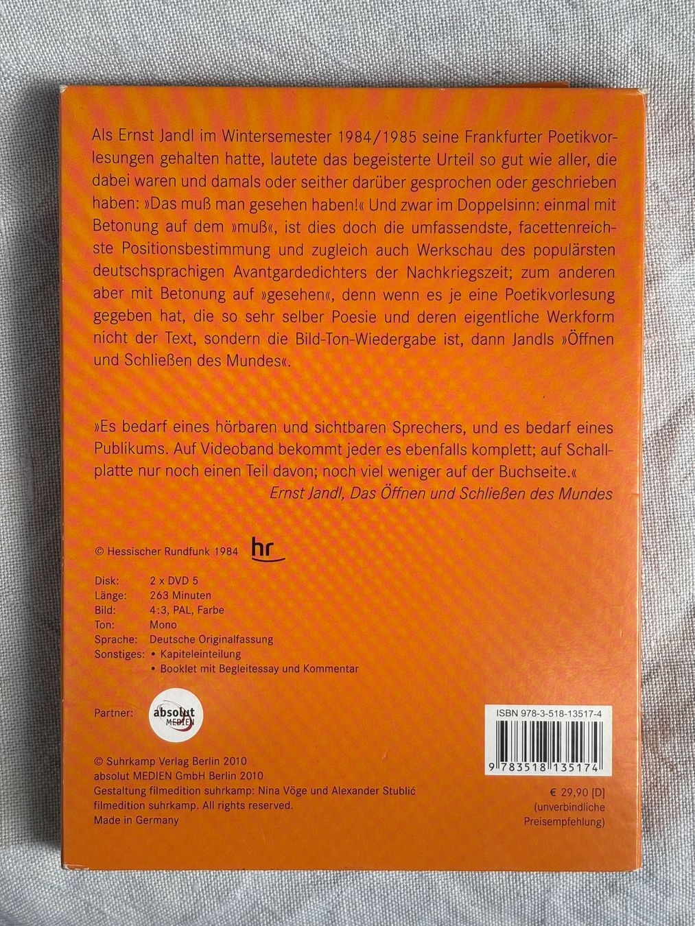 Tutti i DVDs: Ernst Jandel: Poetikvorlesungen – Usato da Stans venduto da Abukadnezar 3