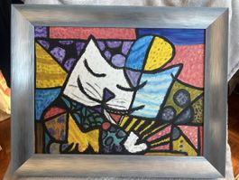Tableau chat cubiste encadré, parfait pour l'hiver!
