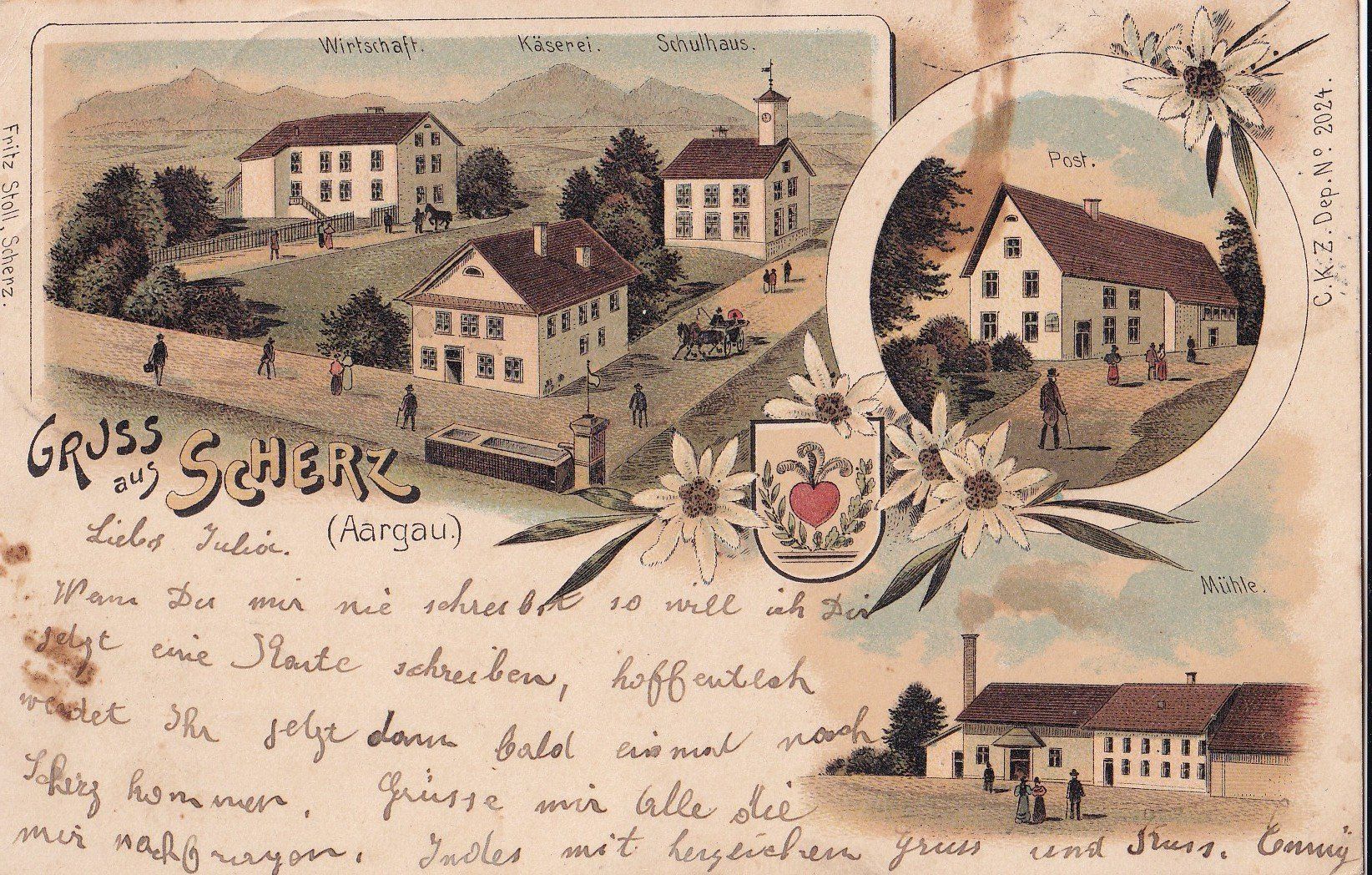 Cartoline postali: Scherz farbige Lithografie 3 Bilder Post Mühle etc. – Usato da Olten venduto da clotaldi