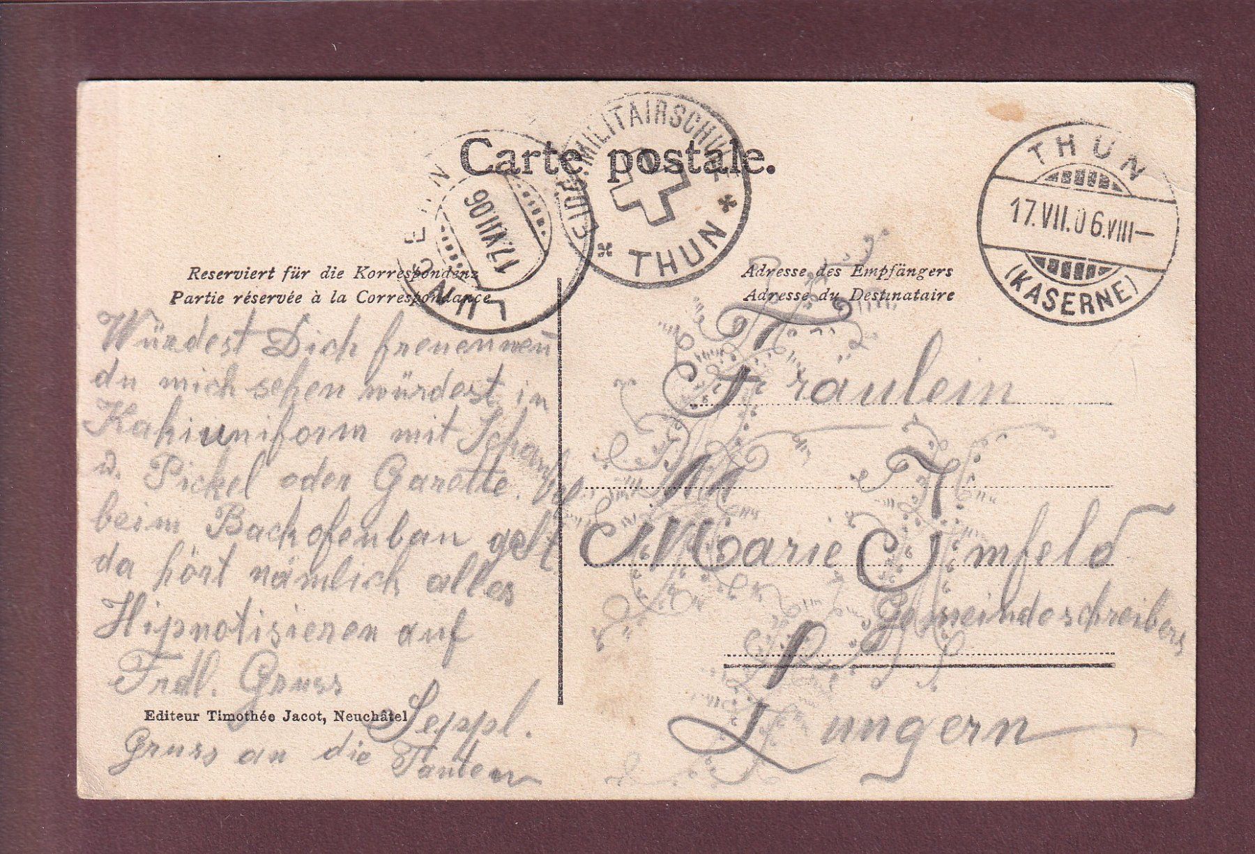 Cartes postales: Gruss aus THUN - 1906 Feldpost // Eckbug // – D'occasion à Pully par nicecards 1