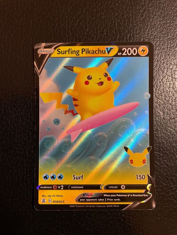 Pokémon Celebrations Surfing Pikachu V, 25Th Anniversary Full Art Rare Holo + Surprise Card! main image 1