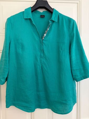 Grüne Leinenbluse mi Pailletten Deko Gr 44/46
