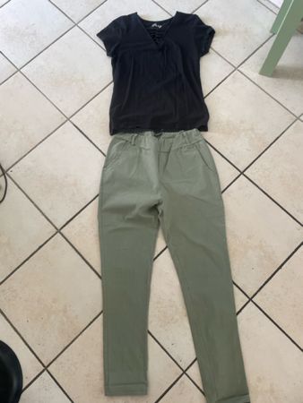 Sommer Set: Hose Khaki & T-Shirt Schwarz, Grösse L - Top