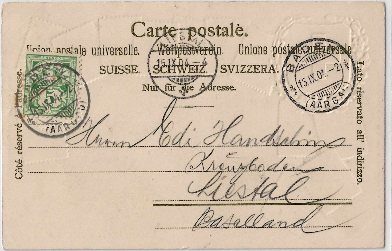 Cartoline postali: Prägekarte Baden 1904 – Usato da Zürich venduto da Philacat11 1