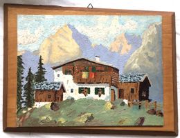 Gemälde - Berglandschaft mit Chalet Hütte - Öl auf Sperrholz