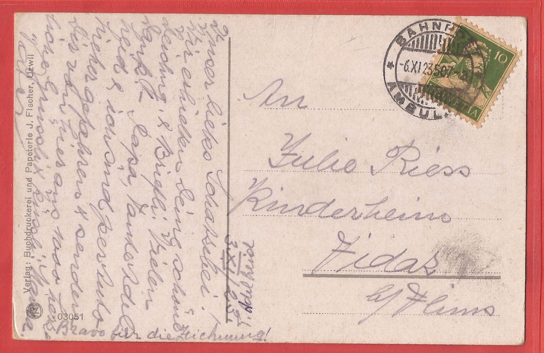 Ansichtskarten: Uzwil mit Hotel Uzwil - 1923 – Gebraucht aus Fislisbach von Porano 1