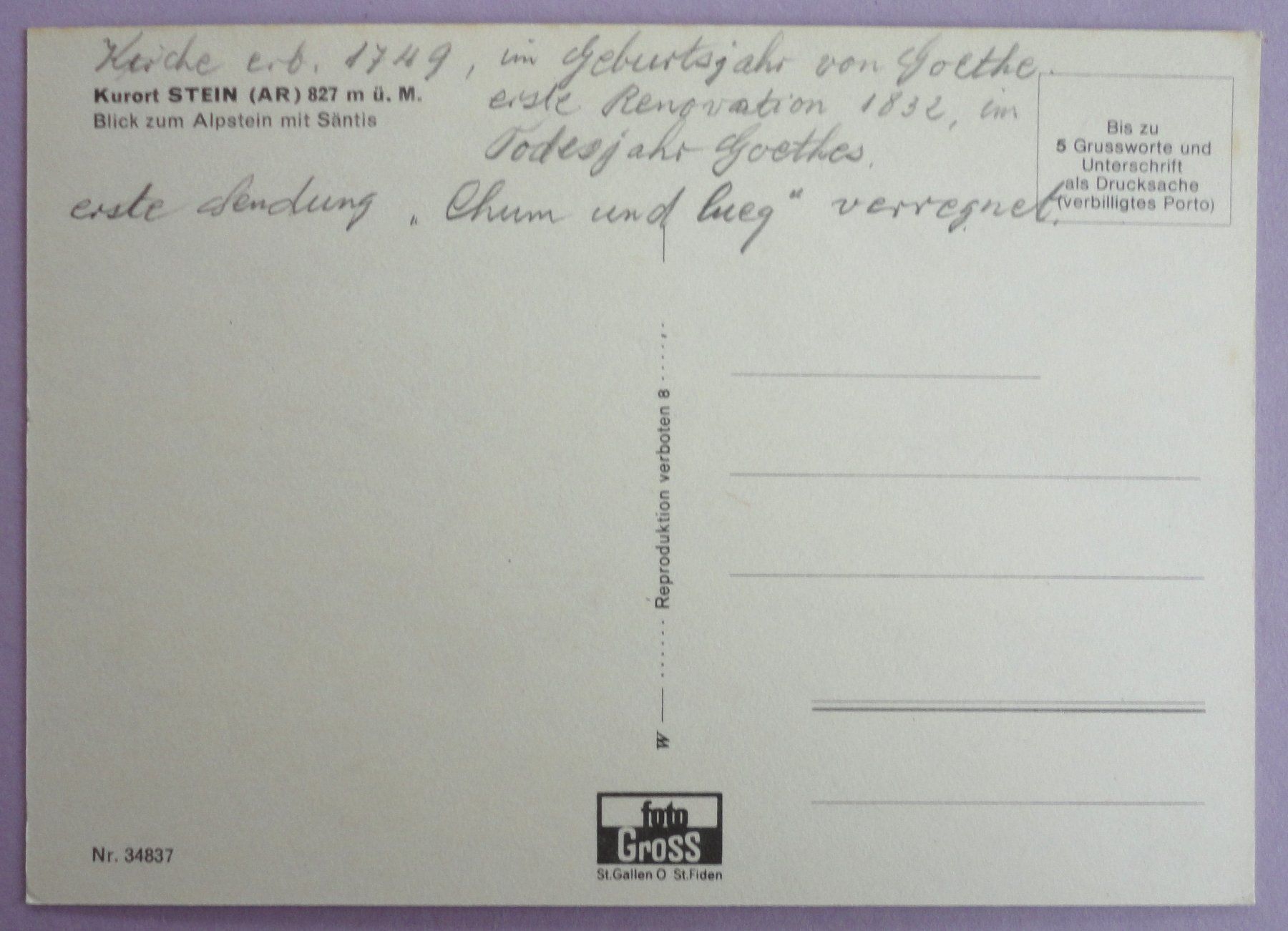 Cartoline postali: Kurort Stein (AR) 827 m ü.M. – Usato da Fétigny venduto da Billy2miny 1