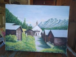 Gemälde Landschaft E. Strebel Alpendorf Kirche 60x45cm