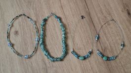 Vier Halsketten in Blau- und Grüntönen, Aventurin,Glas etc.