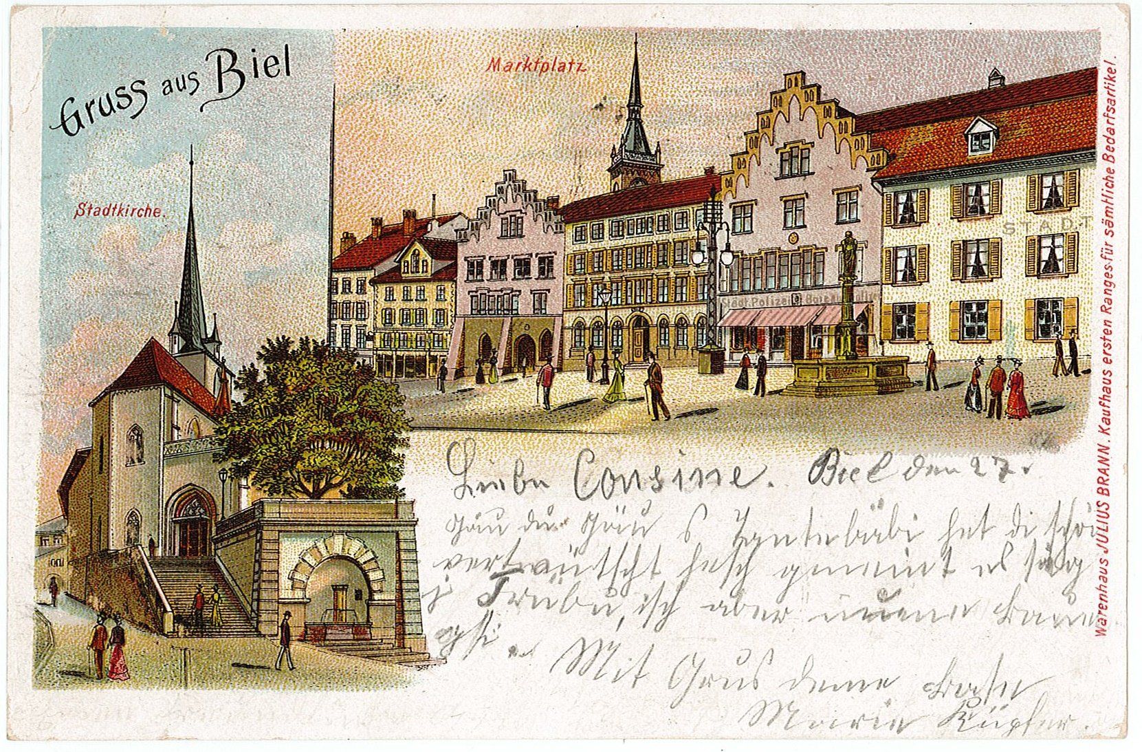 Cartoline postali: BE 296 Werbung Pub Litho BIEL Stadtkirche Marktp BIENNE 1902 – Usato da Fribourg venduto da philafri