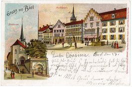 BE 296 Werbung Pub Litho BIEL Stadtkirche Marktp BIENNE 1902
