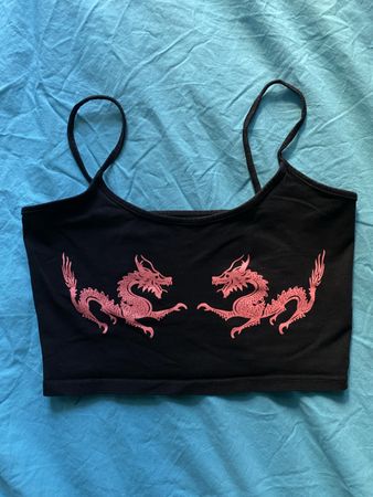 Y2K cropped Top, Shirt schwarz mit rotem Drachen